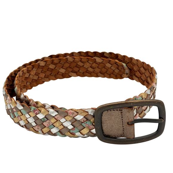 Fossil Leather Woven Belt Medium Brown Metallic Floral 1.25\